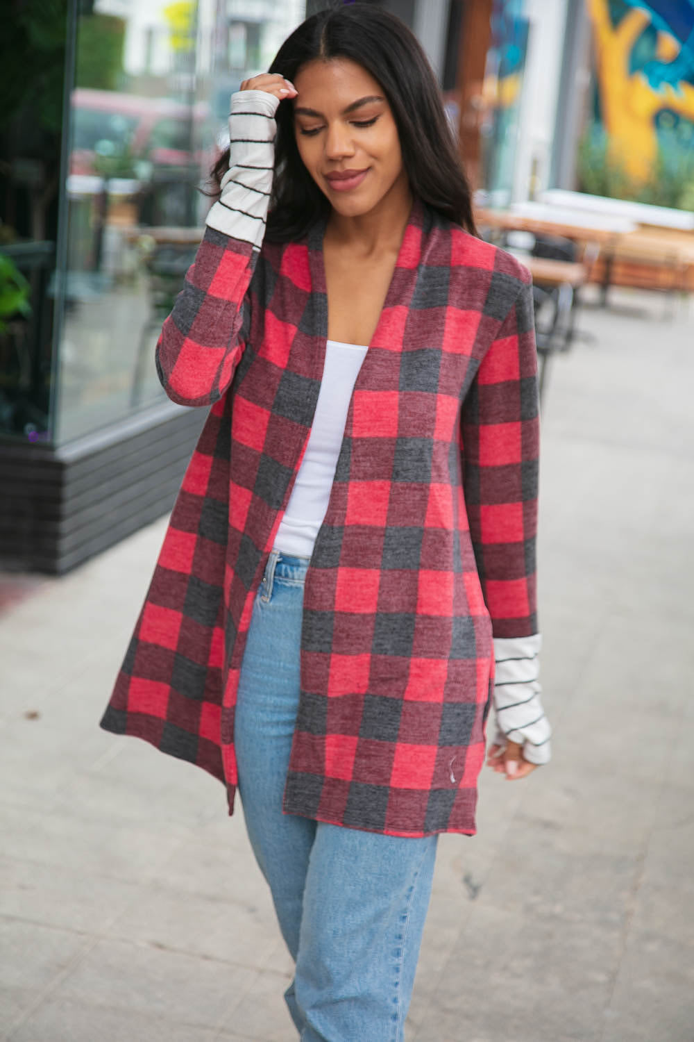 Plaid & Stripe Hacci Thumbhole Cuff Cardigan