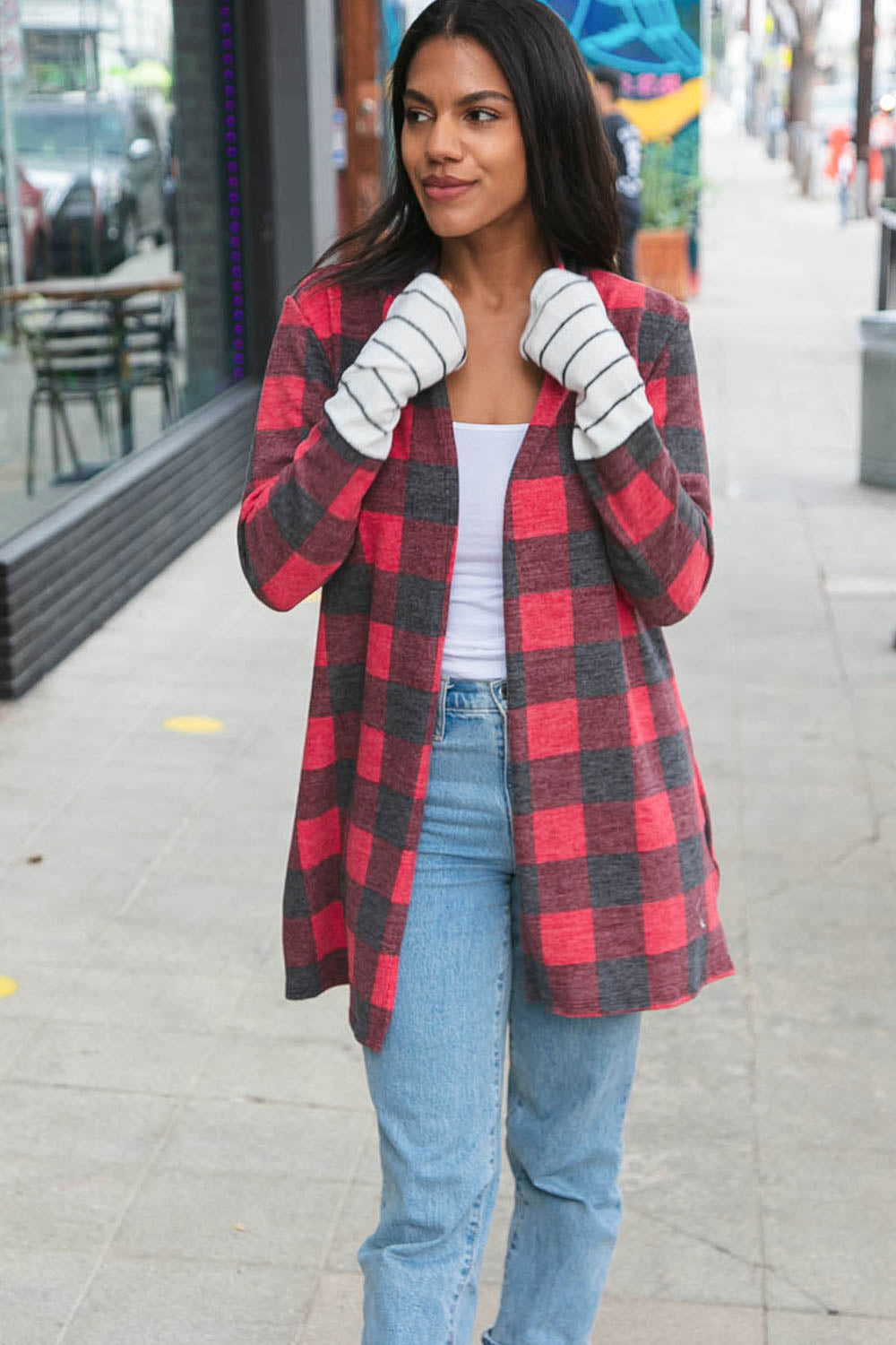 Plaid & Stripe Hacci Thumbhole Cuff Cardigan