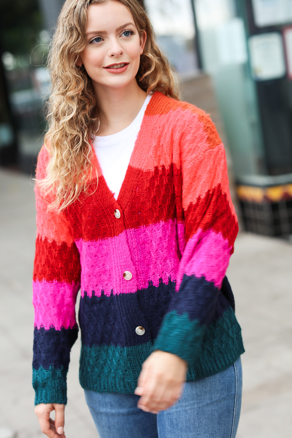 Make Your Day Magenta Honeycomb Knit Button Down Cardigan