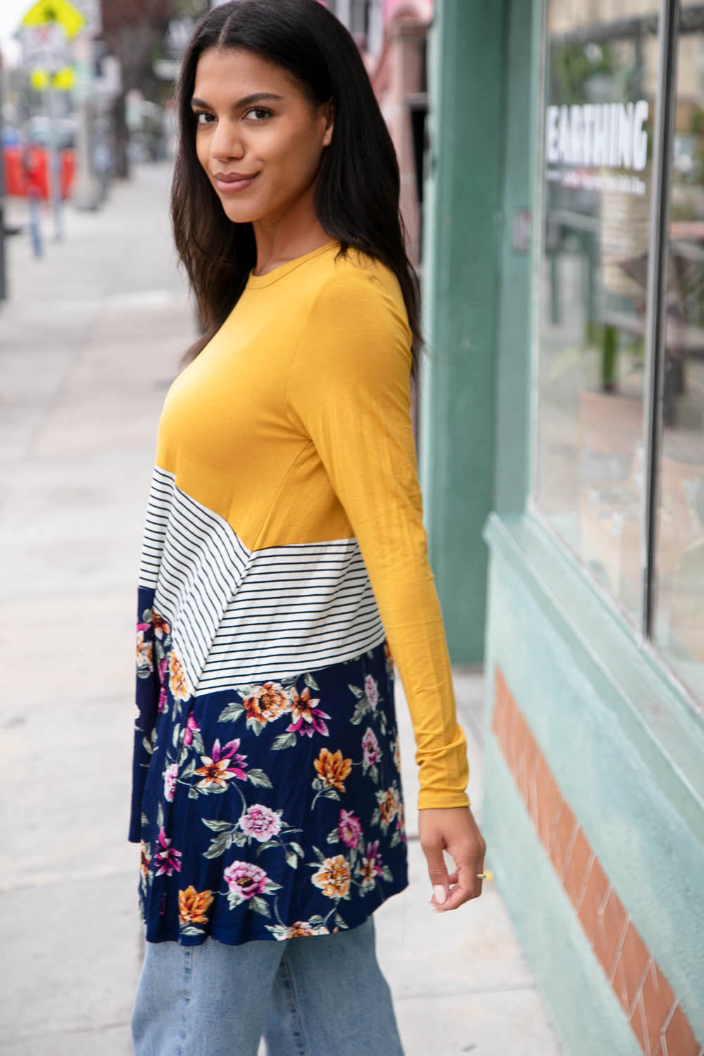 Floral Stripe Color Block Scarf Hem Tunic