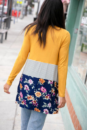 Floral Stripe Color Block Scarf Hem Tunic