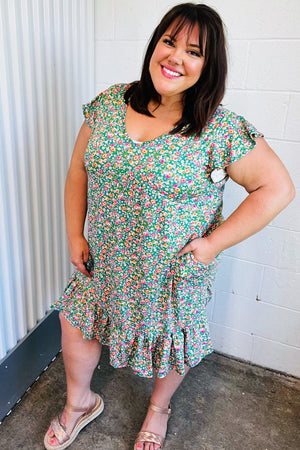 Emerald Green Floral Babydoll Midi Dress