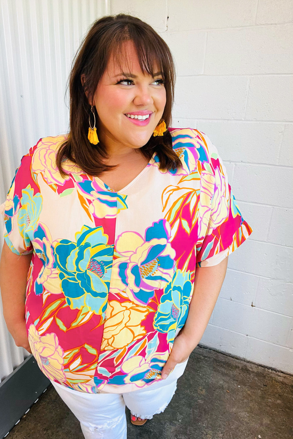 Fuchsia Floral Print Woven V Neck Top