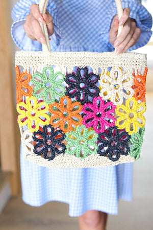 Multicolor Woven Flower Designed Straw Tote Bag