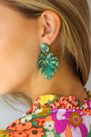Emerald Acrylic Monstera Leaf Earrings