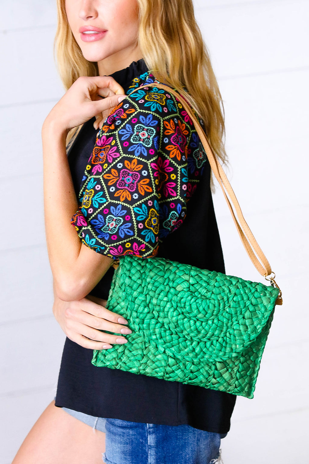 Emerald Woven Raffia Flap Closure Clutch Bag