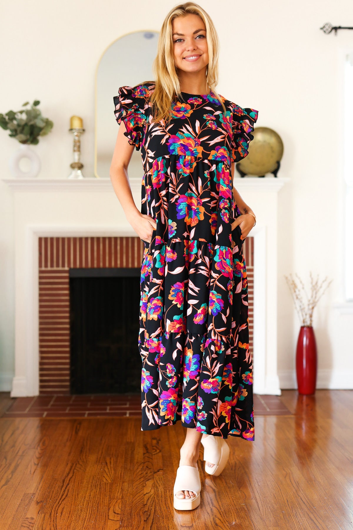 Just A Dream Black Floral Print Smocked Ruffle Sleeve Maxi Dress