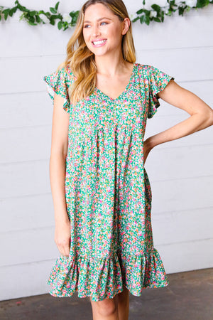 Emerald Green Floral Babydoll Midi Dress