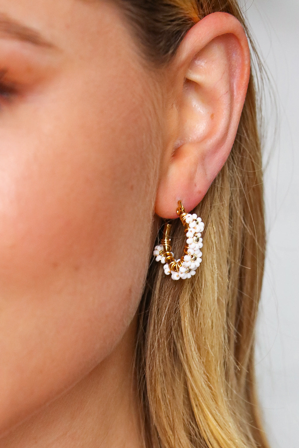 White/Gold Beaded Flower Mini Hoop Earrings