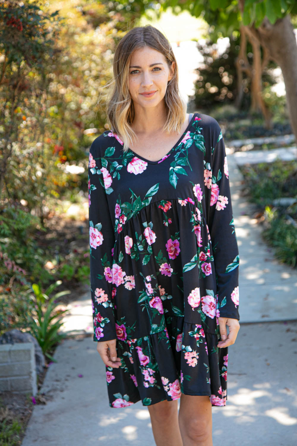 Midnight Floral Tiered Babydoll Dress with Pockets