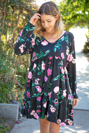 Midnight Floral Tiered Babydoll Dress with Pockets