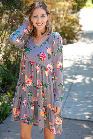 Slate Floral Tiered Babydoll Dress with Pockets