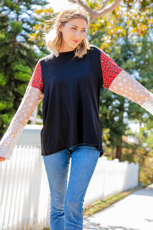 Leopard Color Block Lace Sleeve Knit Top