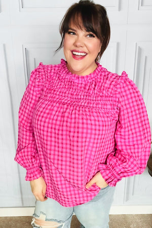 Lost In Love Fuchsia Gingham Shirred Mock Neck Top