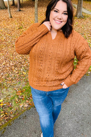 Can't Resist Rust Cable Knit Notched Neck Pullover Sweater