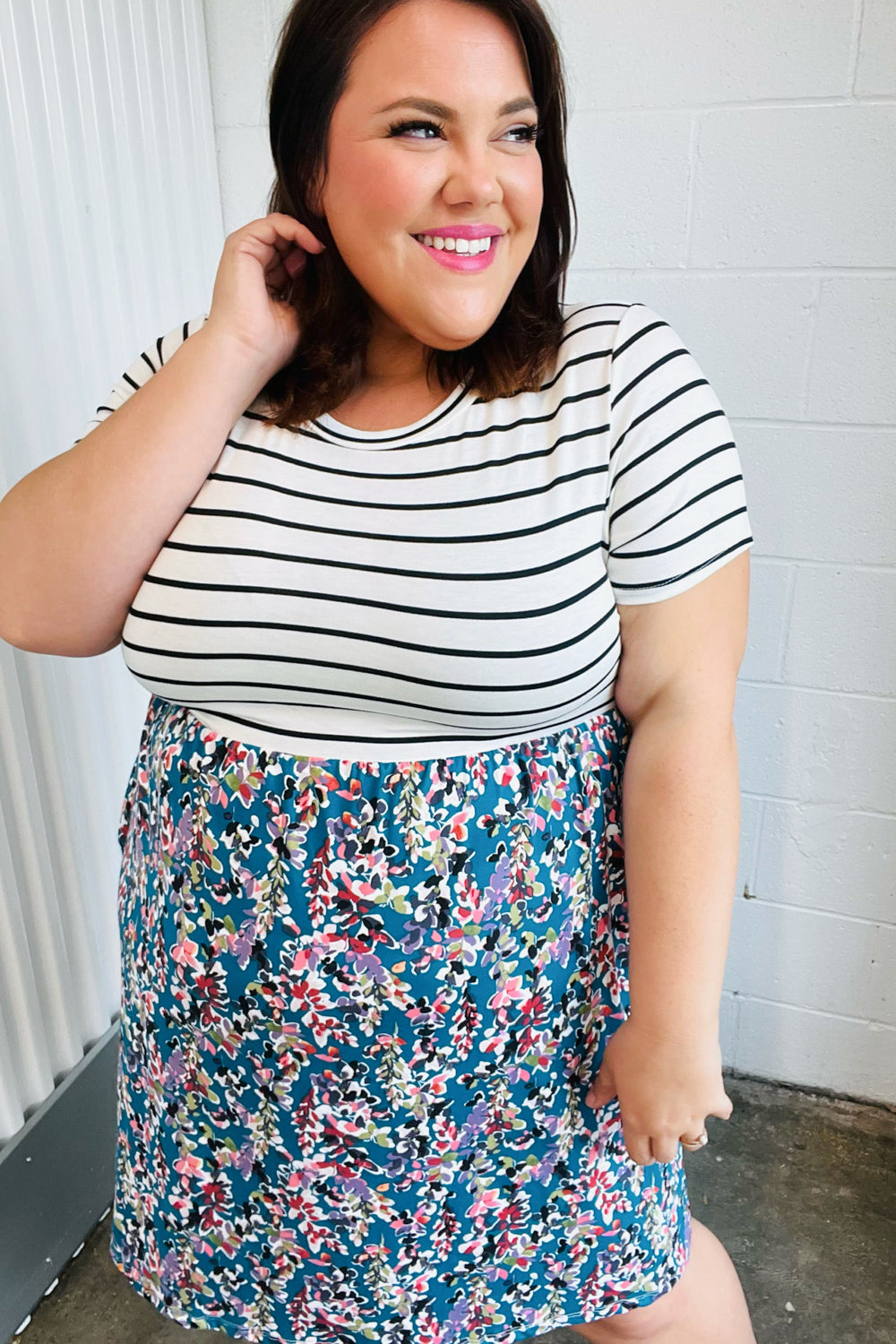 Dark Teal Two-Fer Stripe & Floral Color Block Dress