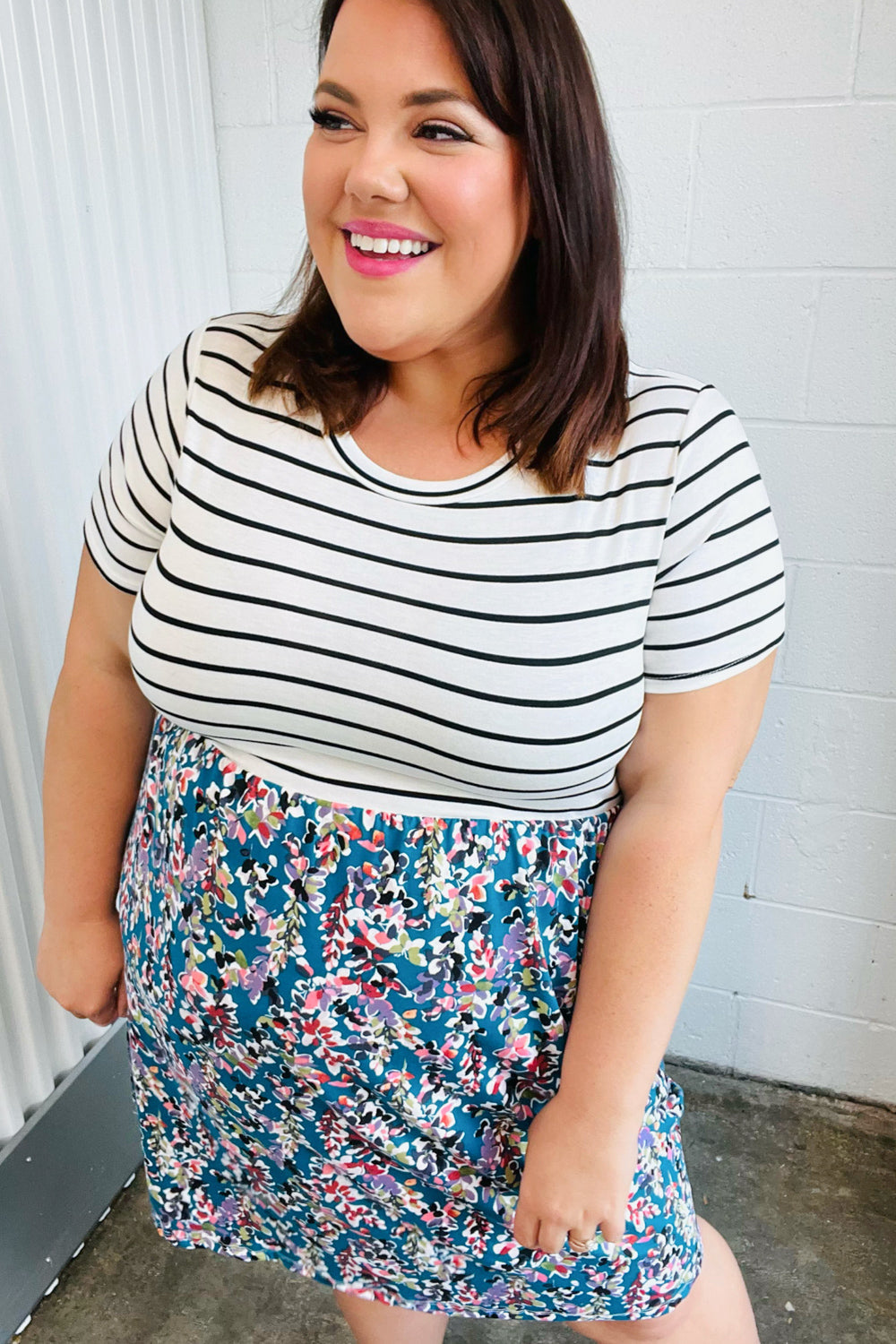Dark Teal Two-Fer Stripe & Floral Color Block Dress