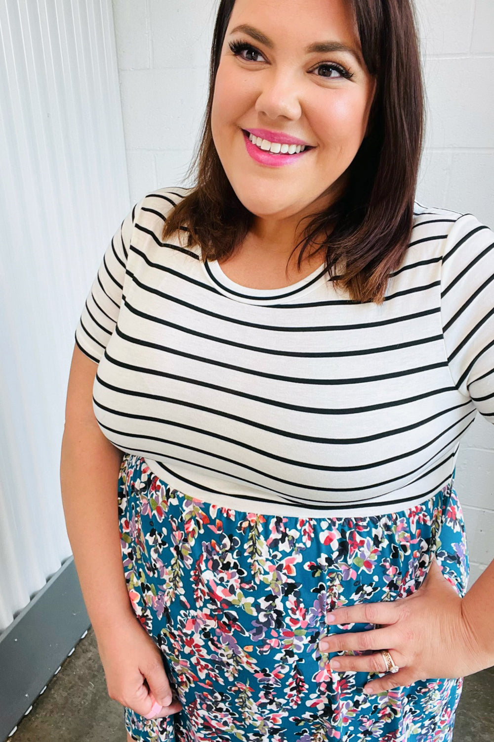 Dark Teal Two-Fer Stripe & Floral Color Block Dress