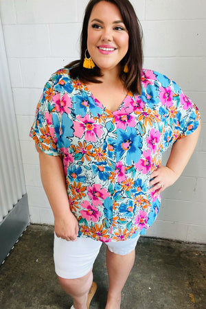 Pink & Blue Floral Print Woven Top