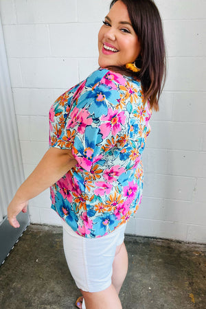 Pink & Blue Floral Print Woven Top
