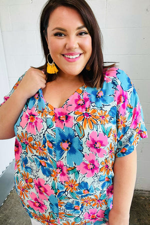 Pink & Blue Floral Print Woven Top