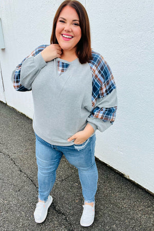 Face The Day Grey/Navy Plaid Thermal Raglan Pullover