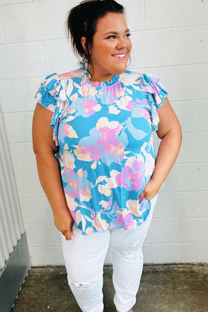 Powder Blue & Lavender Double Flutter Sleeve Mock Neck Top