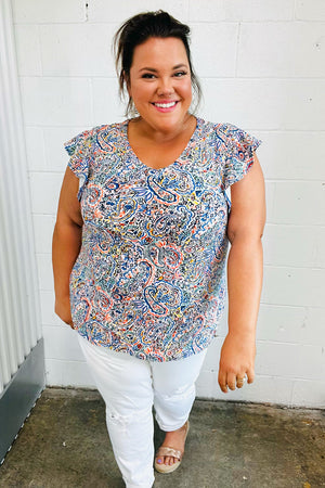 Multicolor Paisley Floral Print Flutter Sleeve Top