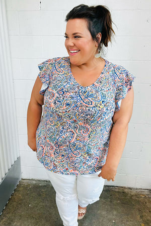 Multicolor Paisley Floral Print Flutter Sleeve Top