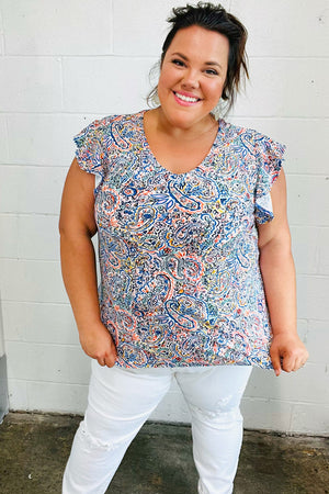 Multicolor Paisley Floral Print Flutter Sleeve Top