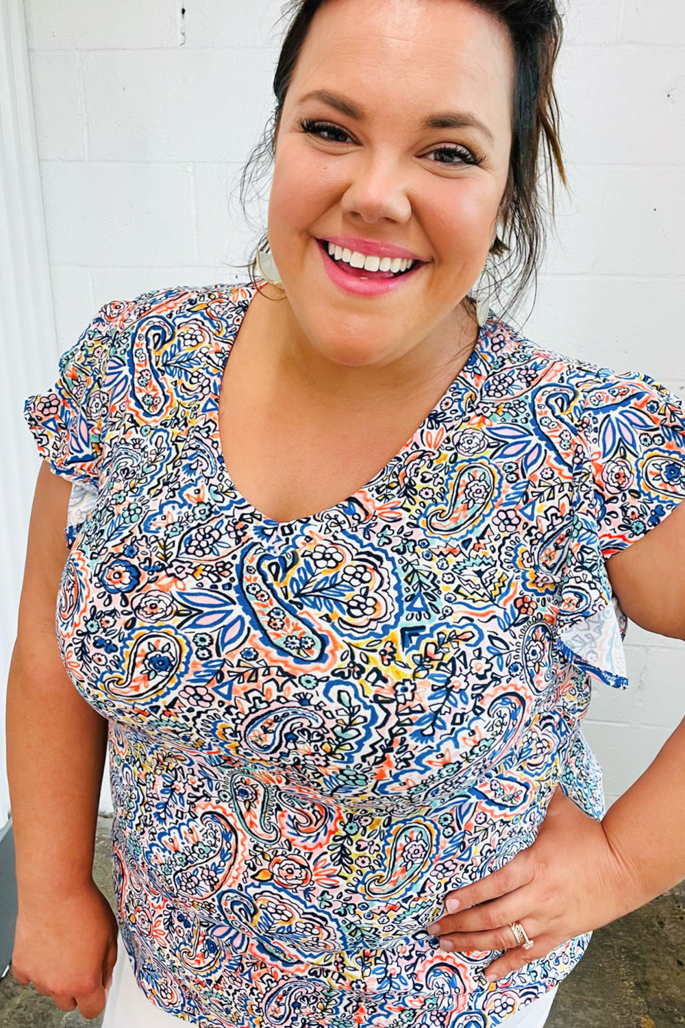 Multicolor Paisley Floral Print Flutter Sleeve Top