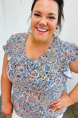 Multicolor Paisley Floral Print Flutter Sleeve Top