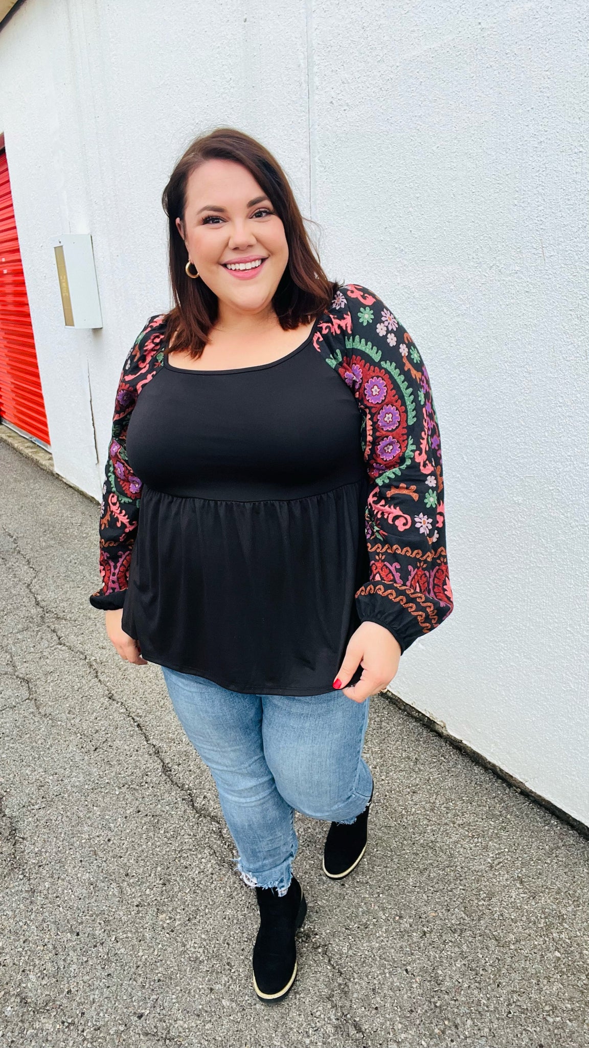 Black Square Neck Dueling Dreams Border Print Blouse