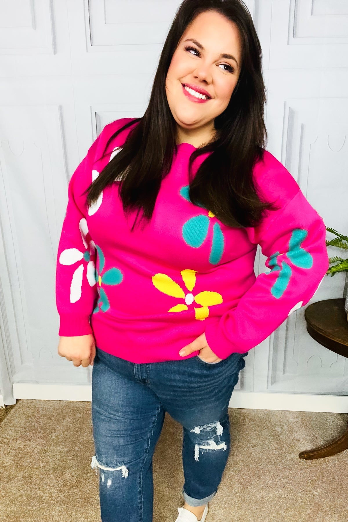 Flower Power Hot Pink Daisy Jacquard Pullover Sweater