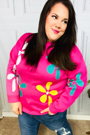 Flower Power Hot Pink Daisy Jacquard Pullover Sweater