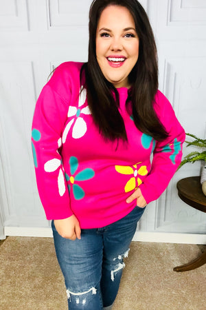 Flower Power Hot Pink Daisy Jacquard Pullover Sweater