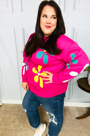 Flower Power Hot Pink Daisy Jacquard Pullover Sweater