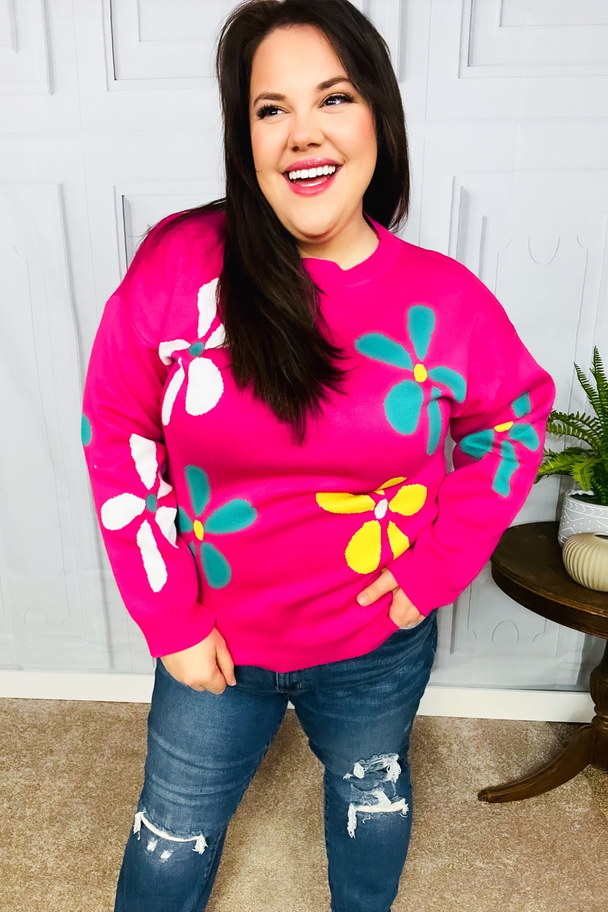 Flower Power Hot Pink Daisy Jacquard Pullover Sweater