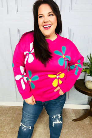 Flower Power Hot Pink Daisy Jacquard Pullover Sweater