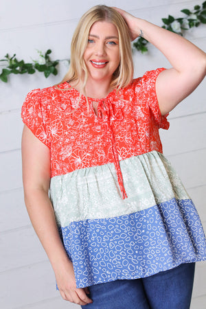 Red & Blue Color Block Tiered Tie Neck Top