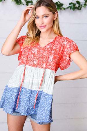 Red & Blue Color Block Tiered Tie Neck Top