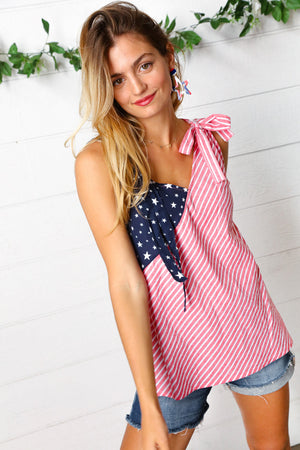 Stars & Stripes V Neck Shoulder Tie Detail Top