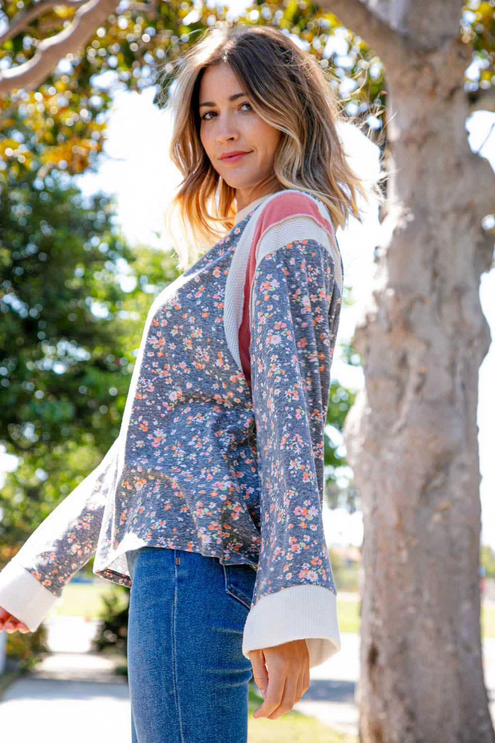 Floral Triblend Color Block Oversized Top