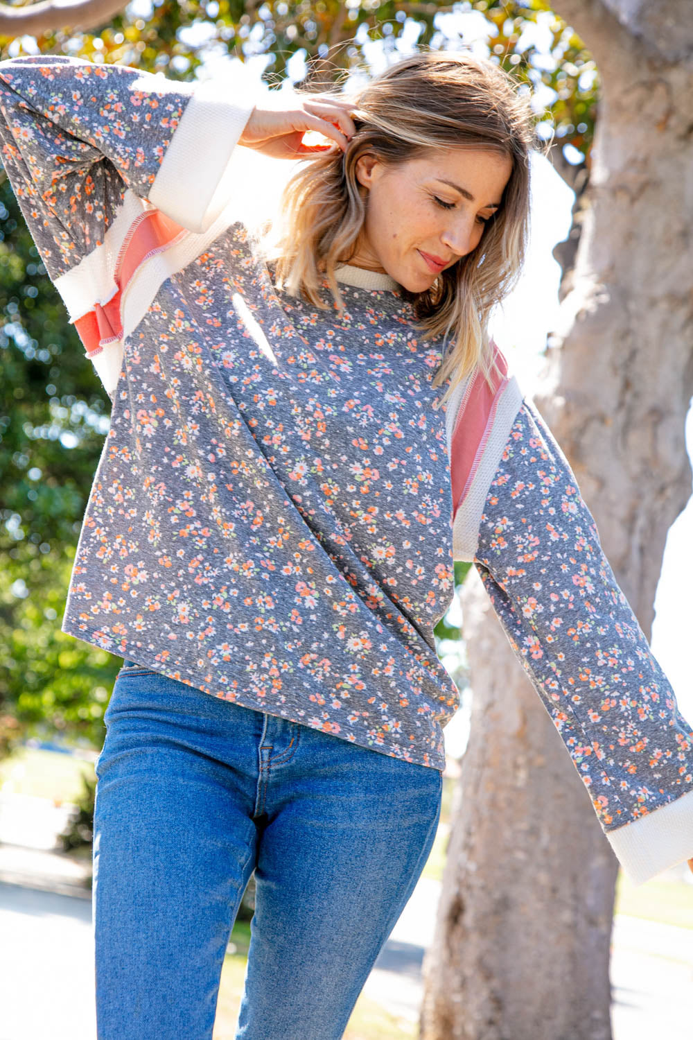 Floral Triblend Color Block Oversized Top