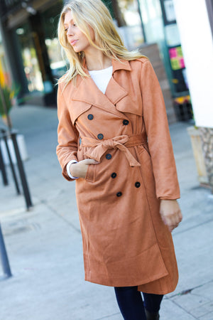 Rust Suede Double Breasted Belted Lined Trench Coat
