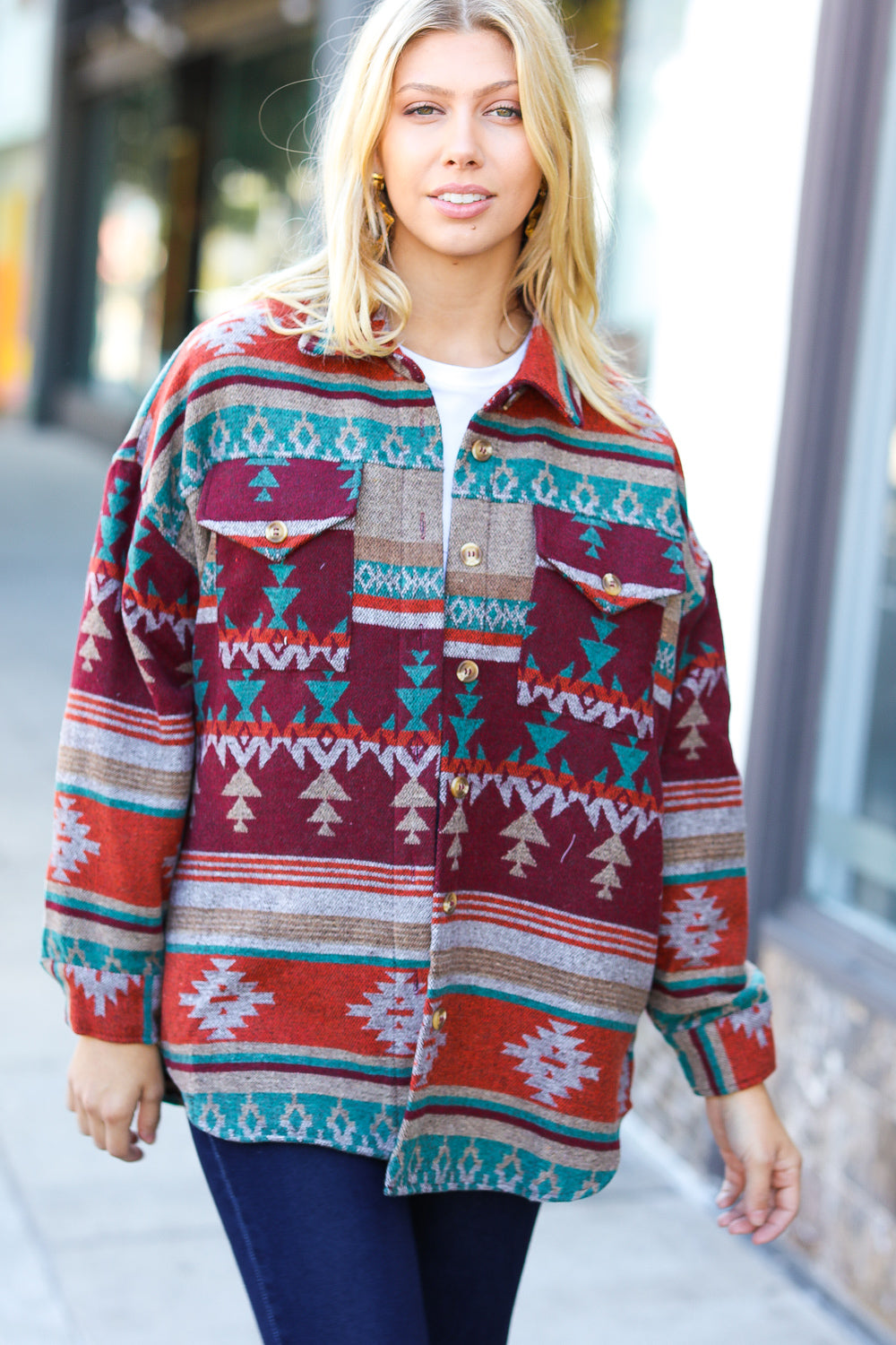 Holiday Aztec Flannel Textured Button Down Pocketed Shacket