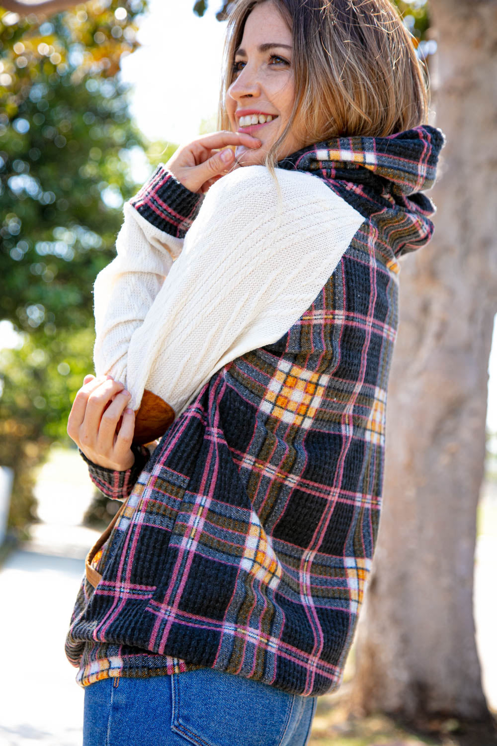 Multicolor Plaid Cable Knit Elbow Pad Hoodie