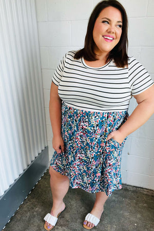 Dark Teal Two-Fer Stripe & Floral Color Block Dress