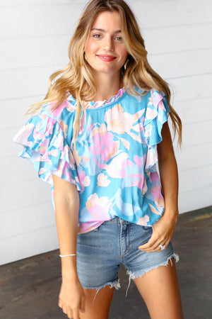 Powder Blue & Lavender Double Flutter Sleeve Mock Neck Top