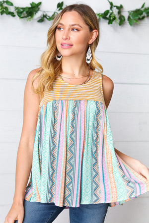 Yellow & Aqua Two-Tone Boho Print Back Tie Tank